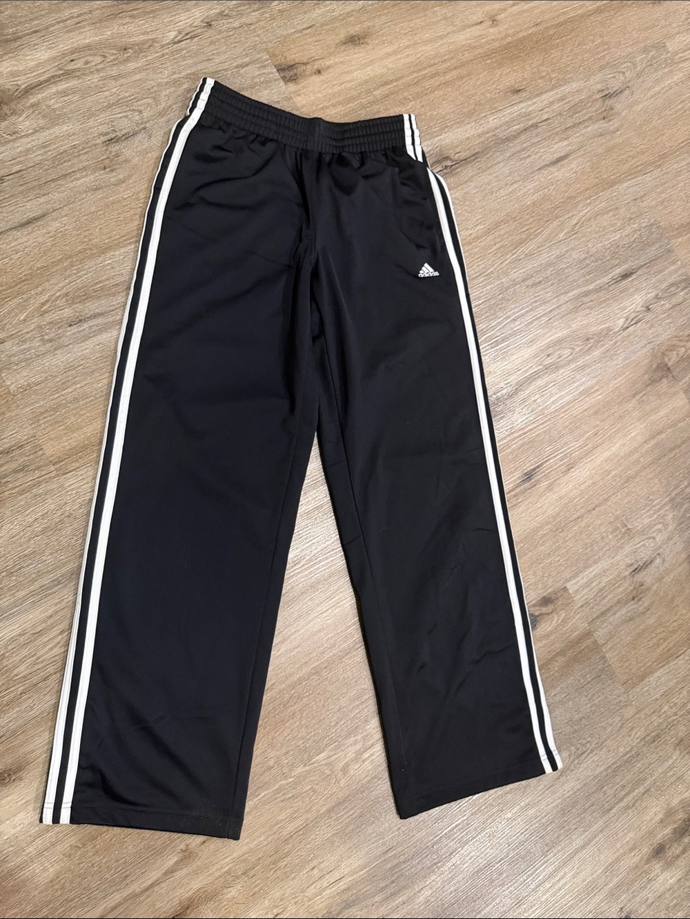adidas Black Track Pants with White Side Stripes straight wide leg opening